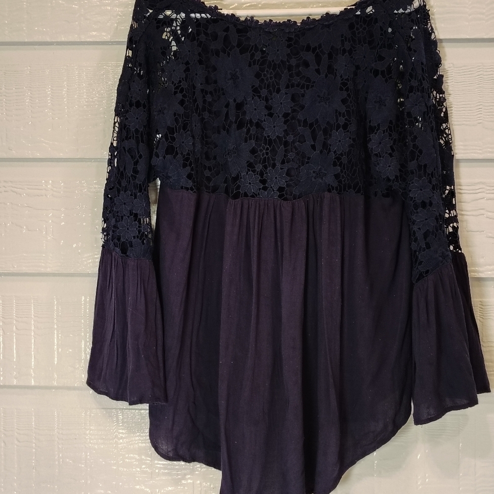 MIDNIGHT VELVET WOMENS 1X BOHO CROCHET NAVY BLUE BELL SLEEVE PEASANT GYPSY - Picture 4 of 9
